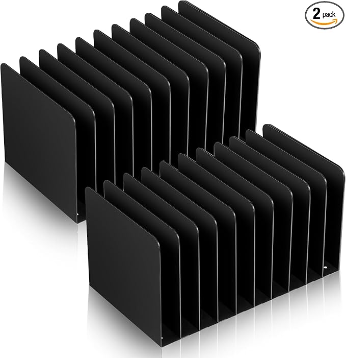 Suzile 2 Pcs Vertical Metal Desk File Organizer, 10 Compartments Desktop Document Sorter & Mail Holder for Office Home Classroom, 10.63 L X 5.79 W X 5.41 H, Black