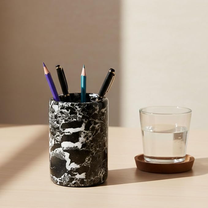 Radicaln Marble Pen Holder For Desk 4" Inches Black Handmade Pencil Holder & Pen Holder for Home & Office Desktop Organizer, Ideal Marble Toothbrush Holder