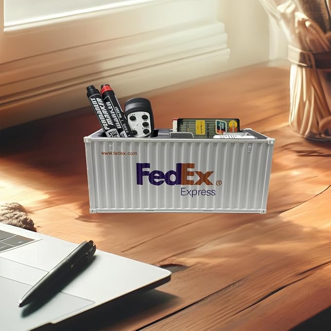Desk Organizer, Pen Pencil Holder, Business Name Cards Holder, Shipping Container Model Storage Box, Secret Storage Box with Multiple Compartments Office Supplies Multi-function (FedEx)