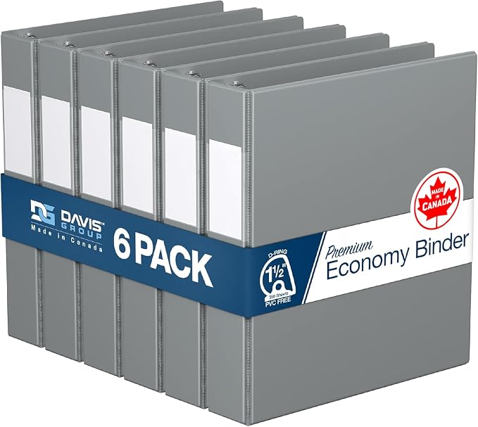 Premium Economy 6-Pack 3-Ring Binders for School or Office, D-Ring Binders, 1.5 Inch, Gray