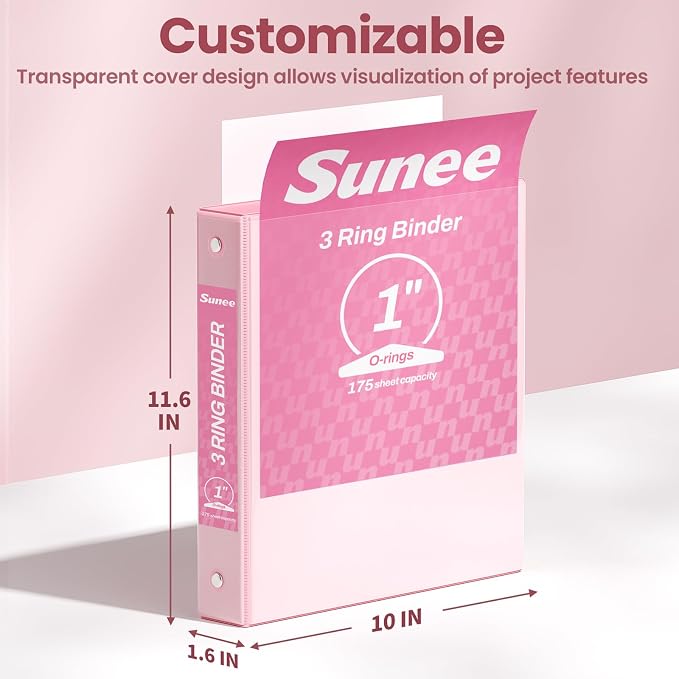 SUNEE 3 Ring Binder 1 Inch 4 Pack, Clear View 1" Binders Three Ring PVC-Free (Fit 8.5x11 Inches) for School or Office Supplies, Pink