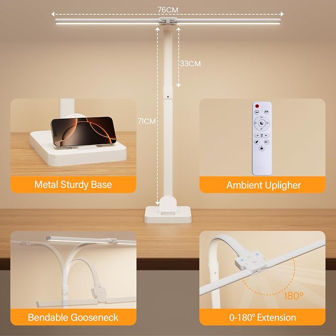 LED Desk Lamp with Base - Bright Dimmable Computer Lamp with Phone Holder, 24W Bendable Desk Light for Monitor Screen, Eye-Caring Tall Desktop Light for Task Home Office Work, White, Dual Head