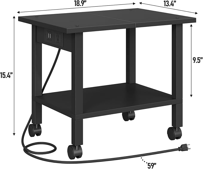 TUTOTAK Printer Stand, 2 Tier Rolling Printer Cart with Charging Station | Small Under Desk Printer Table with Wheels for Small Space, Office, Home, Black PS01BK001P