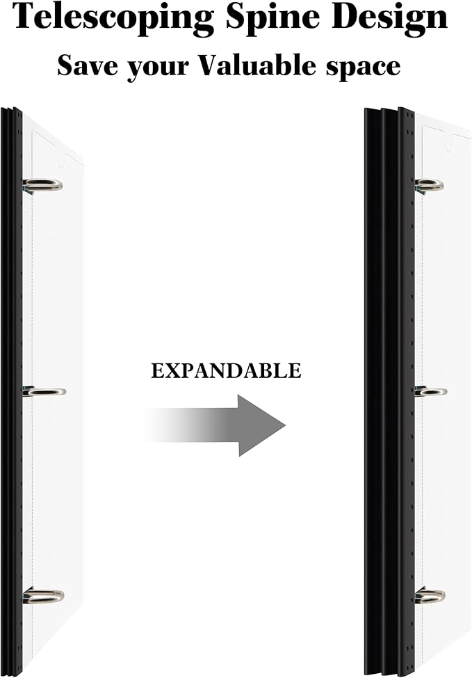 INFUN 1 Inch Telescoping 3 Ring Binder - 1PCS-White，Flexible Binders with Customizable Front Cover and Clear Catalog Pocket, 1Inch Rings, 225 Sheet Capacity