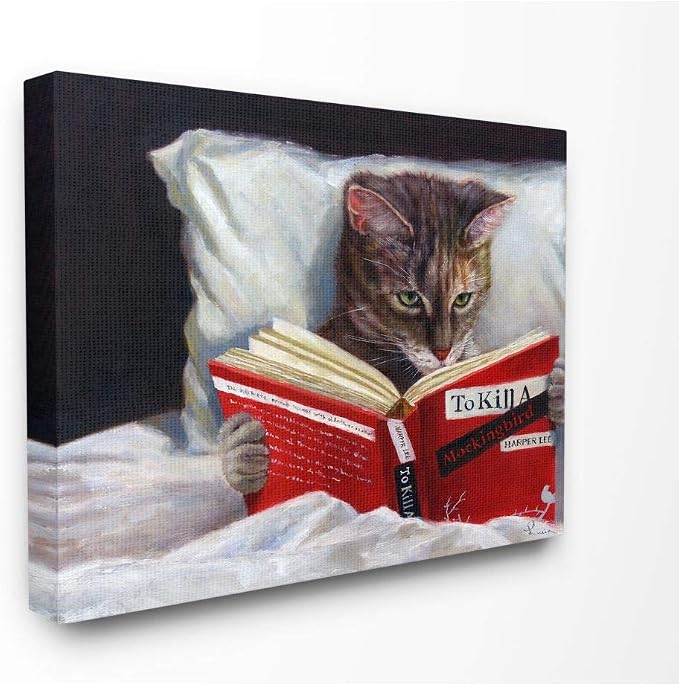 Stupell Industries 'Cat Reading a Book in Bed Funny Painting'| Canvas Art | Stupell Industries | 30 x 24 Inches, Easy to Hang and Sturdy, Made in USA, by Lucia Heffernan