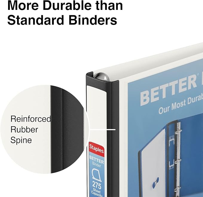 Staples Better Binder, 1 Inch D-Ring, White, 275 Sheets, 3-Pack | Reinforced spine for durable school and office document organization.