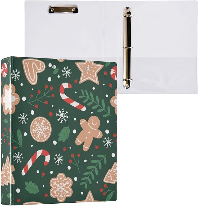 Christmas Gingerbread Snowflakes 3 Ring Binder with 2 Interior Pockets 1.5 inch Binders 3 Ring Heavy Duty Fit 8.5" x 11" Letter Size for Office School, 2 Pack