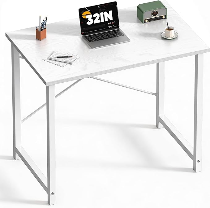 DUMOS 32 Inch Small Computer Desk, Gaming Desks for Home Office Bedroom | Modern Study Writing Work Table, Craft PC Desk Simple Workstation with Reinforcement Structure, White
