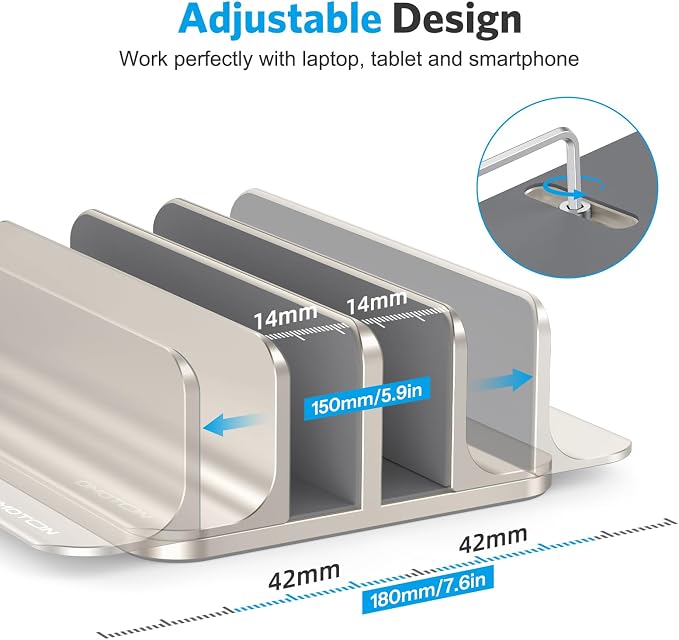 OMOTON Dual Vertical Desk Laptop Stand Holder, Fits MacBook Air, Starlight | Aluminum Laptop Storage Rack for Desk, Adjustable Dock for Up to 17.3 in. Gaming Laptop, Space-Saving Desk Organizer