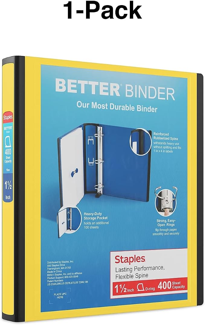 Staples Better Binder, 1.5-Inch D-Ring View, Yellow, 350 Sheets | Reinforced spine for durable everyday use in office and school settings.