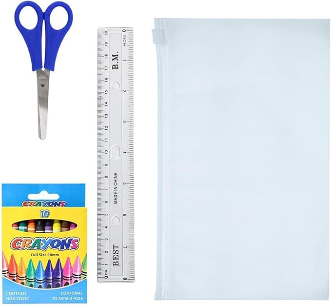 Moda West 24 Pack Bulk School Supplies 50 Piece Kit - Pens, Pencils, Crayons, and More - Value Pack of 24 Kits - Essential Box of School Supplies for Elementary, Middle, and High School Students