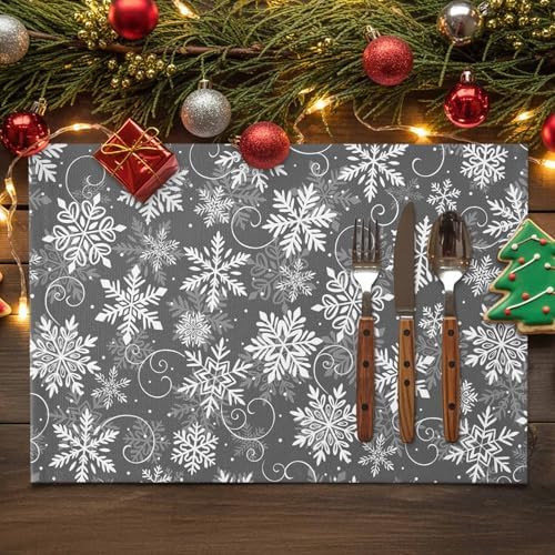 Christmas Placemats Set of 6, Grey White Snowflakes Pattern Heat Resistant Washable Table Place Mats Winter Cotton Table Linens Party Holiday Decor for Kitchen Dining Outdoor Indoor
