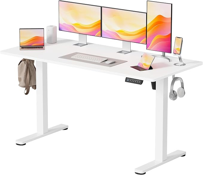 YESHOMY Height Adjustable Electric Standing Desk, 55 x 24 Inches Memory Home Office Sit Stand up Desk with Phone Holder and USB Charging Port, White