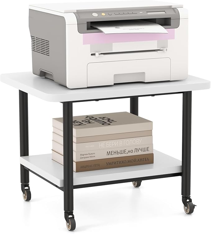 Tangkula Printer Stand with Storage, Under Desk Printer Table with 4 Wheels & Locking Mechanism, 2-Tier Rolling End Table Storage Rack for Bedroom, Living Room, Study
