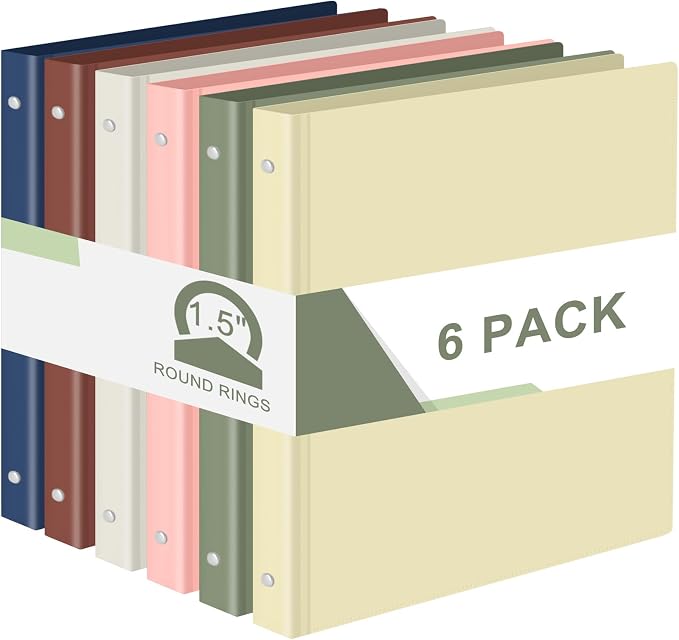Fulmoon 6 Pack 1.5 Inch Plastic 3 Ring Binders with Pockets, Morandi Colors | Flexible Covers with Round Rings and Front Pockets for Organizing Papers at School, Office, Meetings and Presentations