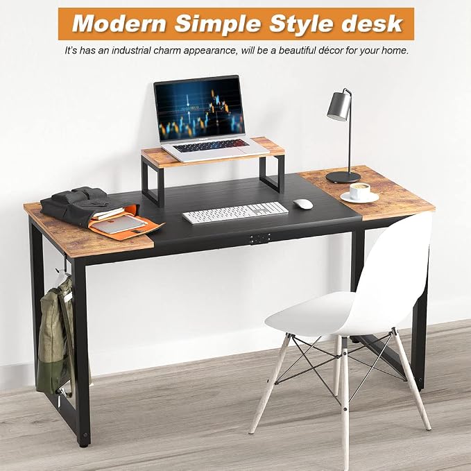 PayLessHere Computer Desk with Monitor Riser Writing Large Table Home Office Hook Modern Student Study Desk with Stable Structure, Nature