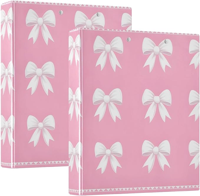 White Bows Pink 3 Ring Binder with 2 Interior Pockets 1.5 inch Binders 3 Ring Heavy Duty Fit 8.5" x 11" Letter for Office School, 2 Pack