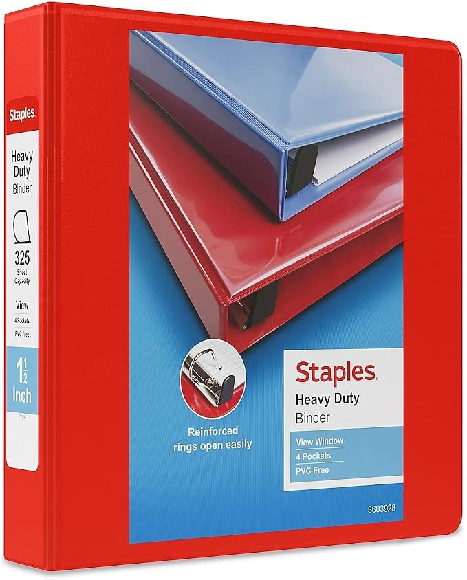 Staples Heavy-Duty 1.5-Inch D-Ring View Binder, Reinforced Spine, Holds Up to 350 Sheets, Red, for Office & School