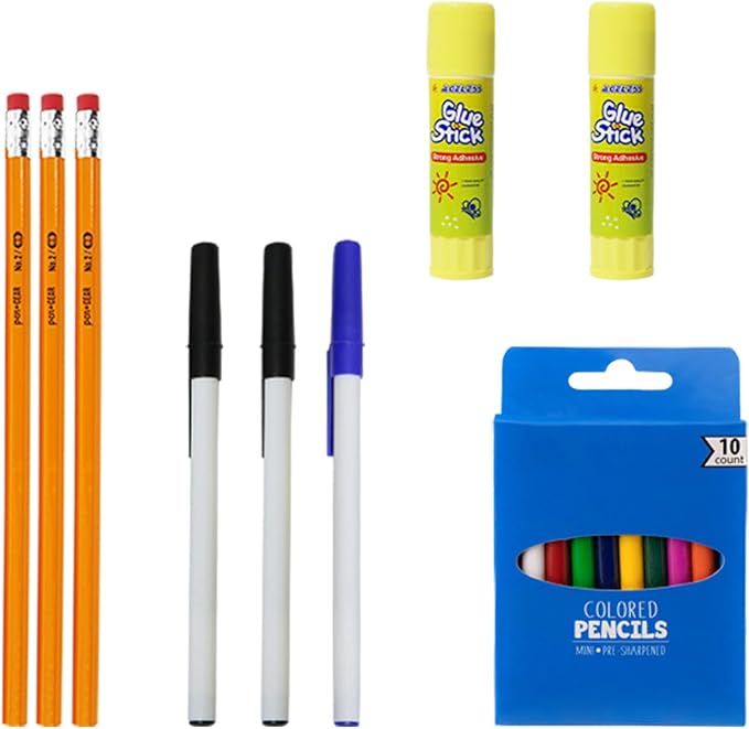 Moda West 24 Pack Bulk School Supplies 34 Piece Kit - Pens, Pencils, Crayons, and More - Essential Box of School Supplies for Elementary, Middle, and High School Students