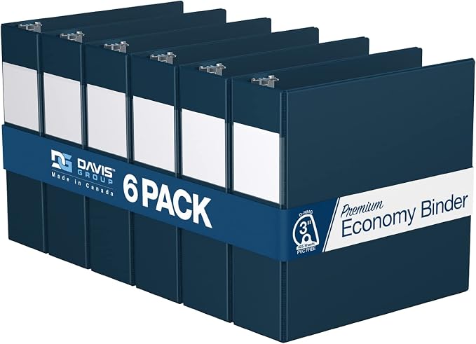 Premium Economy 6-Pack 3-Ring Binders for School or Office, D-Ring Binders, 3 Inch, Navy Blue | Heavy-duty binder, fits 8.5" x 11" paper, navy blue, customizable spine, made in Canada, ideal for school or office use