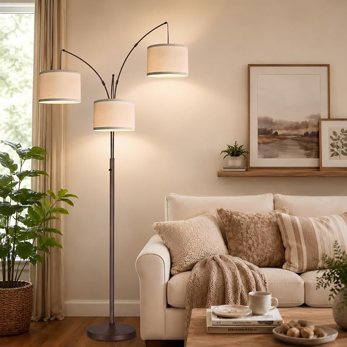 Dimmable Floor Lamp - 3 Lights Arc Floor Lamps for Living Room, 1000LM Modern Tall Standing Lamp With Beige Shades, Mid Century Tree Floor Lamp for Bedroom Office, 3 LED Bulbs Included - Brown