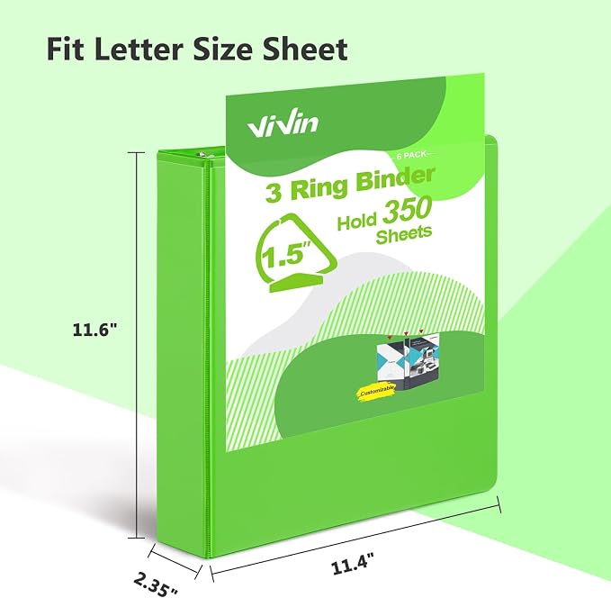 ViVin Sturdy 1.5 Inch 3 Ring Binder with 2 Pockets, 6 Pack, Ivy Green | Slant-D Ring Binder, PVC-Free, Customizable Clear View Binder,Holds 350 Sheets of 8.5" x 11" Paper for Office, Home, School
