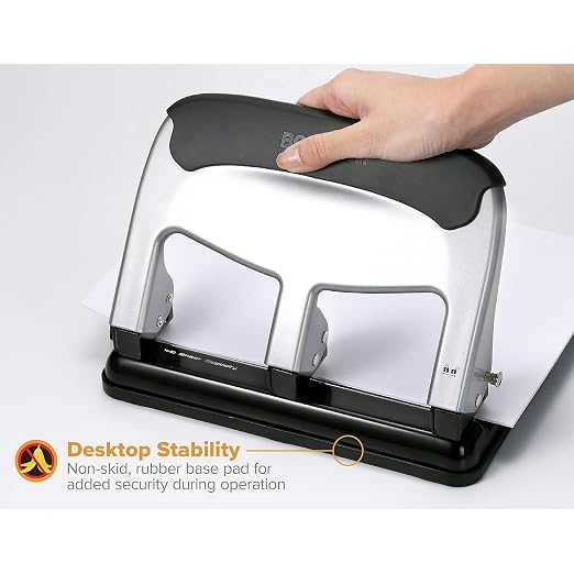 Bostitch Office EZ Squeeze Heavy Duty 3-Hole Punch for Home Office & School, 40-Sheet Capacity, One-Touch Reduced Force, Sleek Silver Design