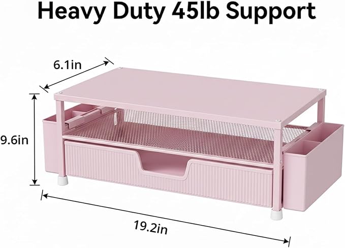 ECOLOVI Desk Organizer and Accessories, 2-Tier Computer Monitor Stand Rise with Storage Drawer & 2 Pen Holders, Laptop & Printer Stand for Desktop, Workspace Organizers for Office Supplies (Pink)