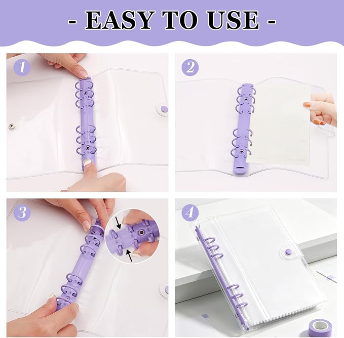 A5 Binder 6 Ring, Clear PVC Notebook Cover, Refillable Planner | Loose Leaf Budget Binder with Snap Button Closure, Round Ring Binder for School Office Home, 2 Pack, Purple and Pink