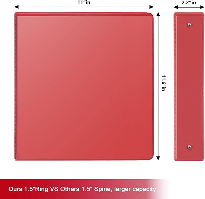 COMIX Sturdy 1.5 Inch 3 Ring Binder with Clear View Cover | 1.5"Heavy Duty Round Ring,PVC-Free Board,Holds 300 Letter Sheets,Wholesale for Offices & Classrooms,6 Pack (Red)