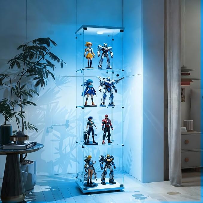 Frameless Glass Display Cabinet, Curio Cabinet Display Case with LED Lights and Lock, Quick-Install Floor Standing Showcase Display Shelf for Collectibles, Legos, Figures, Plants, White