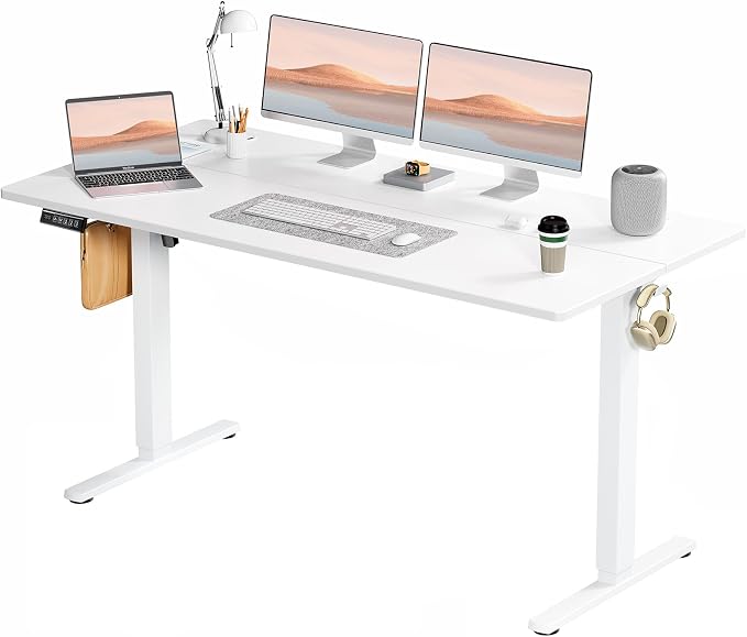 Sweetcrispy Electric Standing Desk, Computer Desk, 63x24 Inch | Adjustable Height, Splice Wood Board, 3 Memory Preset, Sit Stand Work Table for Home Office, White