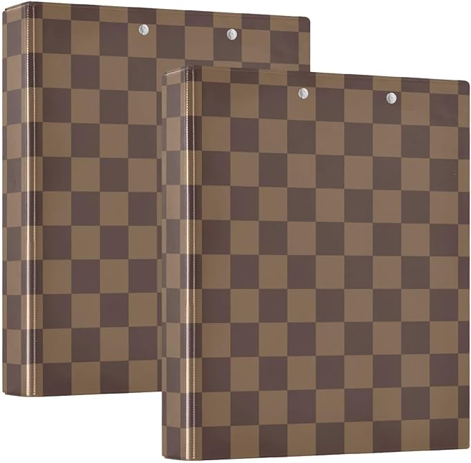 Brown Checkerboard B 3 Ring Binder with 2 Interior Pockets 1.5 inch Binders 3 Ring Heavy Duty Fit 8.5" x 11" Letter Size for Office School, 2 Pack