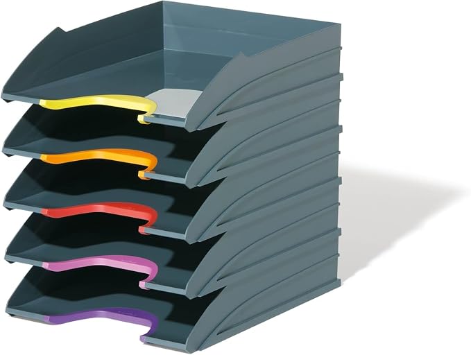Durable VARICOLOR Gray Letter Tray - Set of 5 Stackable Color Coded Letter Trays - Letter Size Files - Perfect for Storing Documents and Paper Work