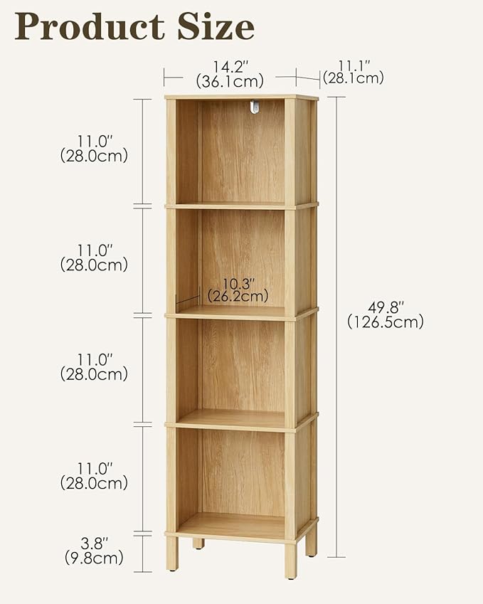 Book Shelf, Modern 4-Tier Bookcase, Open Storage Bookshelf, 11 × 14.2 × 50.4 Inches, Small Narrow Bookshelves for Living Room, Home Office, Bedroom, Natural