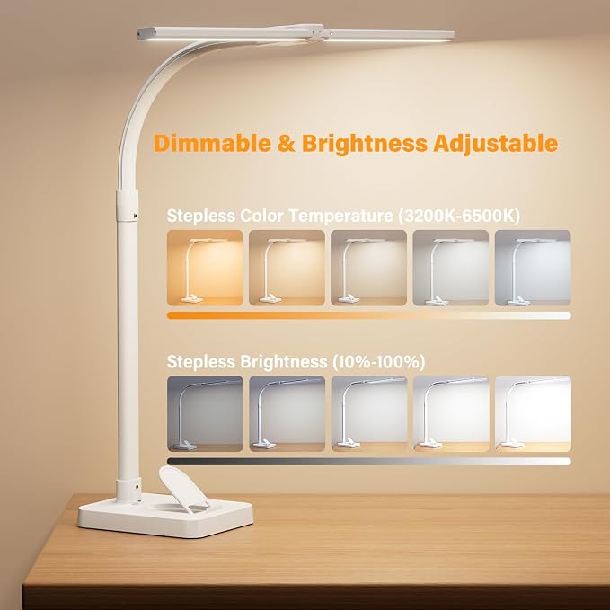 LED Desk Lamp with Base - Bright Dimmable Computer Lamp with Phone Holder, 24W Bendable Desk Light for Monitor Screen, Eye-Caring Tall Desktop Light for Task Home Office Work, White, Dual Head