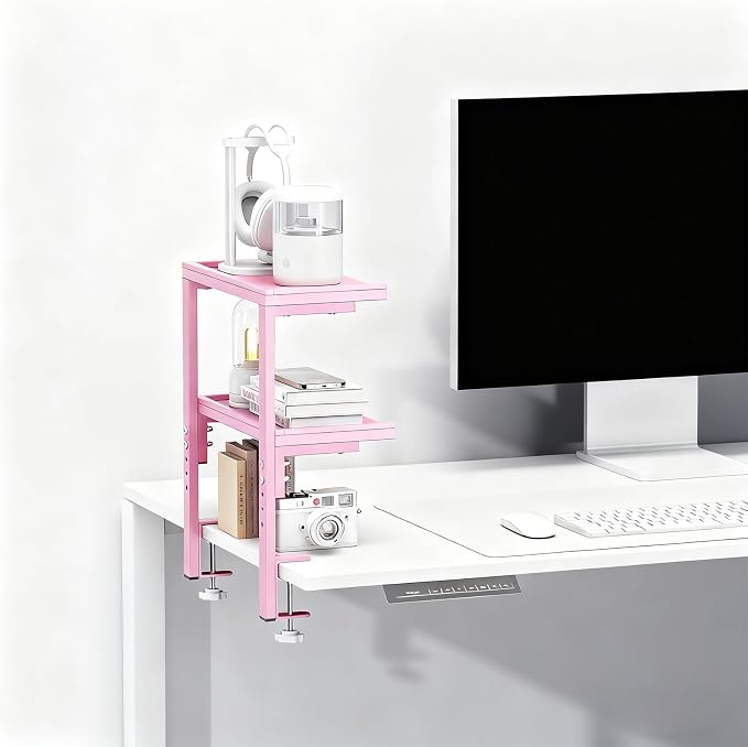 Spacrea Clamp on Desk Shelf, 2 Tier Office Desk Shelves Organizer, Wood Desktop Supplies Storage Rack, Desk Organizers and Accessories (Pink)