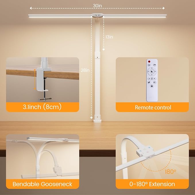 LED Desk Lamp - Bright Dimmable Computer Lamp, 24W Bendable Desk Light for Monitor Screen, Eye-Caring Tall Desktop Light for Task Home Office Work, White, Dual Head
