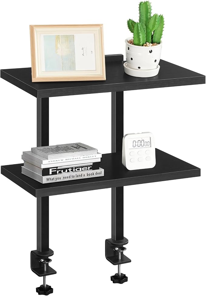 MAHANCRIS Clamp On Desk Organizer, 2-Tier Desktop Bookshelf, Adjustable Desk Storage Shelf, Metal Frame, for Office, Study and Game Room, Black DSBK3501
