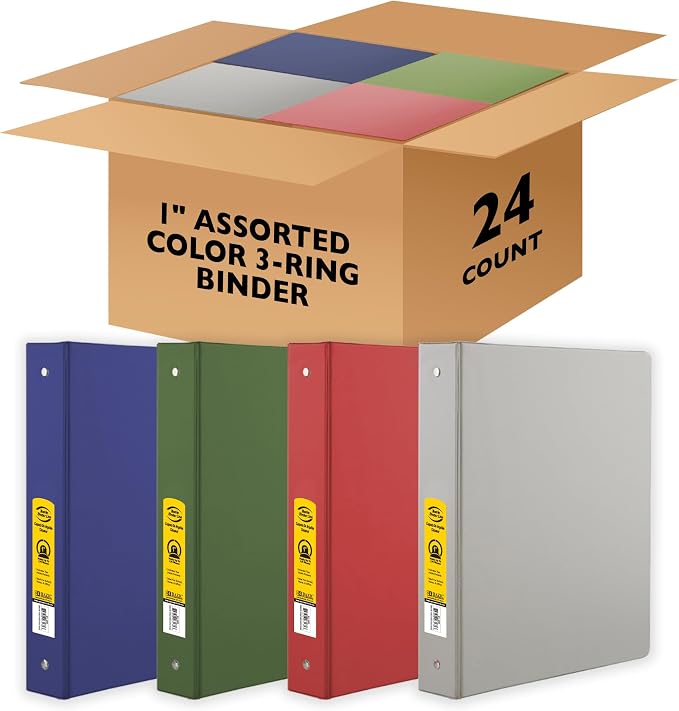 BAZIC Products 1" Color 3-Ring Binder, Round Ring, 2 Pockets, 24-Case | round rings, 1 in Assorted Color 3-ring binder, 2 inside pockets, holds up to 175 sheets, Durable poly cover