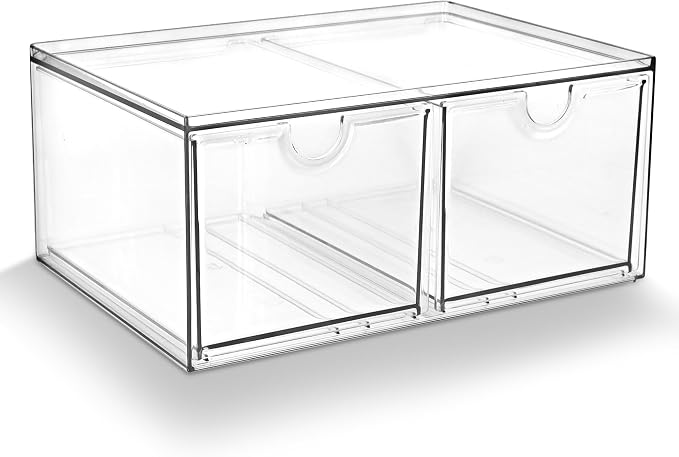 Prsildan Stackable Clear Makeup Organizer Acrylic Storage Drawers with 2 Drawers for Vanity Bathroom Office Desk Modular Drawer System for Cosmetics Jewelry Toiletries Home Organization