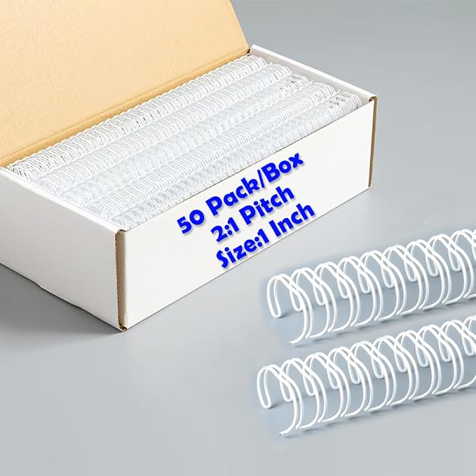 Double Loop Binding Wires for Students and Coworkers, 50 Pack Twin Loop Wire Binder Combs Spines for Booking Letter Size and Binding-Machines (50P, 2:1 Pitch, White, 3/4 Inch (180 Sheet Capacity))