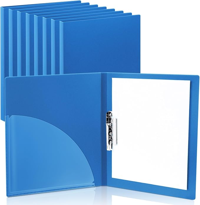 Teling 8 Pack Punchless Clamp Binder Folder Ringless Binder with Metal Clip and Poly Covers Flex Colored Swing Clamp for Work School Documents, 9.7 x 11.5 Inch(Blue)