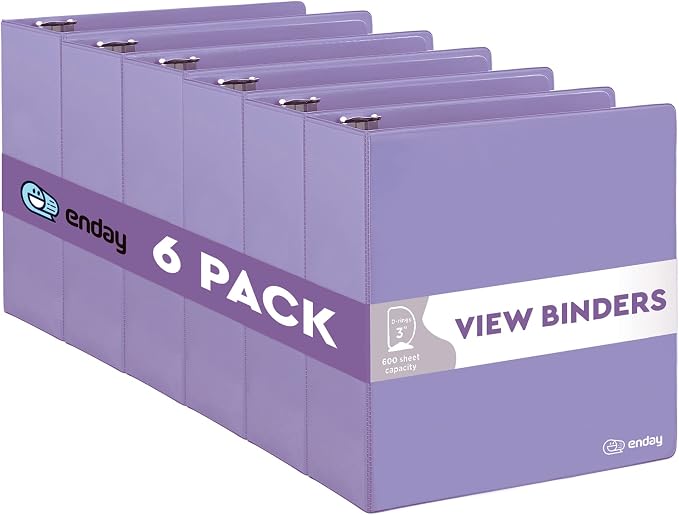 Enday 3 inch Binder (6 Pack - Purple) 3 Ring Binder 3 inch with Clear View Cover and 2 Inside Pocket - for Letter Size 8.5 x 11'' Paper, Ideal for School Supplies, Office, and Home