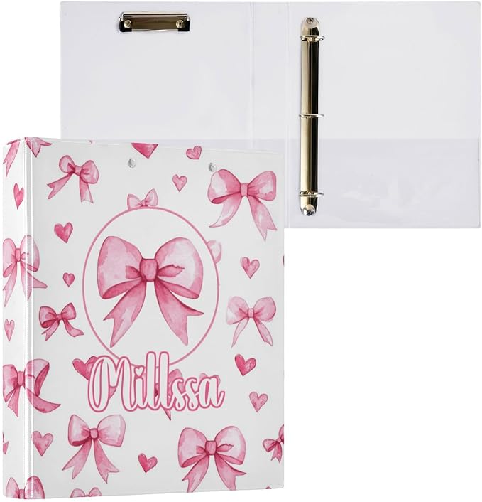 Watercolor Pink Bows 3 Ring Binder with Clipboard Round Ring Binders Hearts Name Custom Binder 3 Interior Clear Pockets for Office Supplies 1 Pack