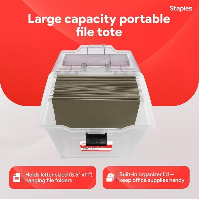 Staples File Box Portable Tote, Letter Size, Clear, 4/Carton | Lightweight storage tote for transporting and organizing hanging files.
