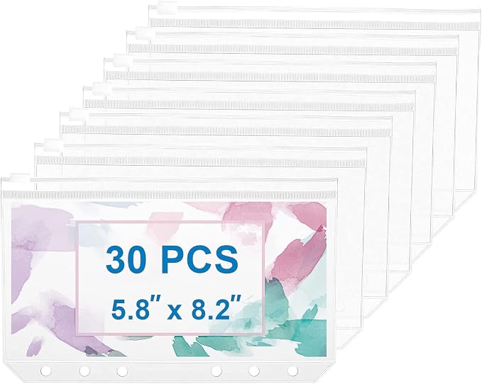 30pcs A5 Binder Pockets 6 Holes Zipper Folders Clear PVC Card Loose Leaf Bags Cash Envelopes for Budgeting Binder Waterproof Document Filing Bags for 6 Ring Notebook Planner Inserts