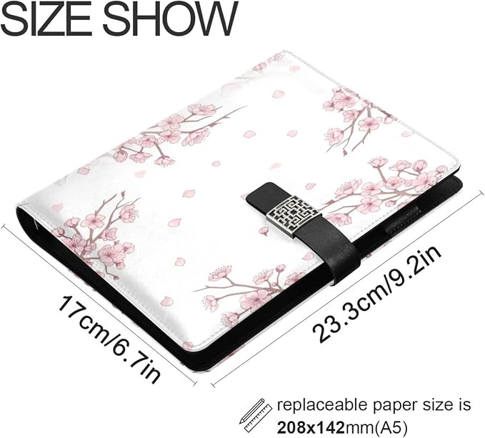 Cherry Blossom Branches PU Leather Notebook A5 Binder 6 Ring Refillable Journal with Magnetic Buckle Closure Loose Leaf Travel Office Planner Budget Binder Notepad Portfolio, Summer Spring