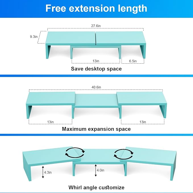 Dual Monitor Stand Riser | Monitor Stand for Desk, Metal Computer Stand, Desk Shelf Riser,Desktop Organizer for Home and Office Use (Blue)