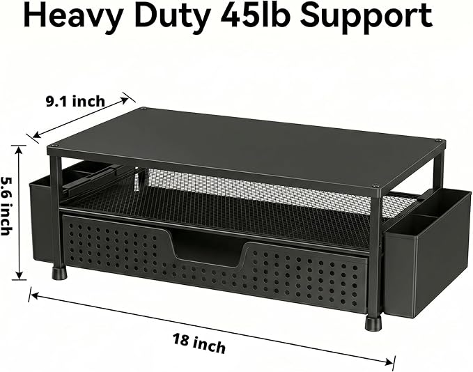 ECOLOVI Desk Organizer and Accessories, 2-Tier Computer Monitor Stand Rise with Storage Drawer & 2 Pen Holders, Laptop & Printer Stand for Desktop, Workspace Organizers for Office Supplies (Black Wood)